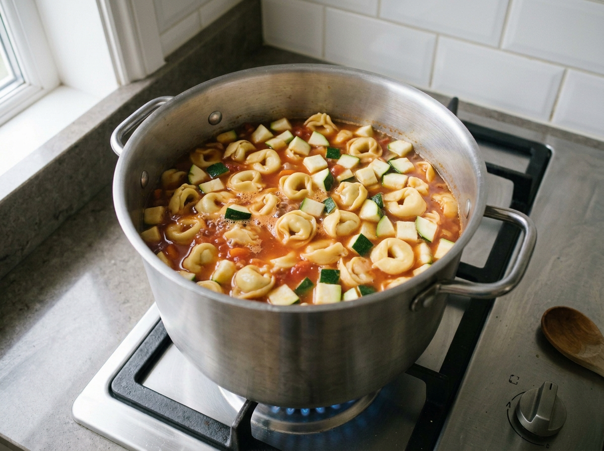 Cheese tortellini and diced zucchini simmering in the tomato broth