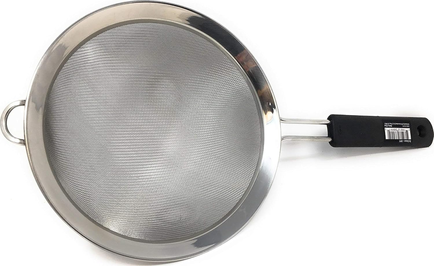 Stainless steel fine mesh strainer with a black handle and a rim hook