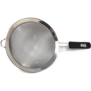 Stainless steel fine mesh strainer with a black handle and a rim hook