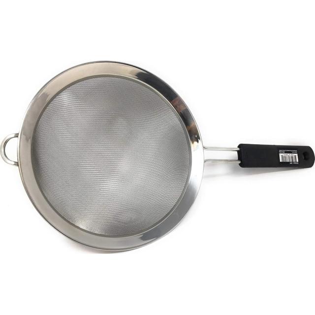 Stainless steel fine mesh strainer with a black handle and a rim hook