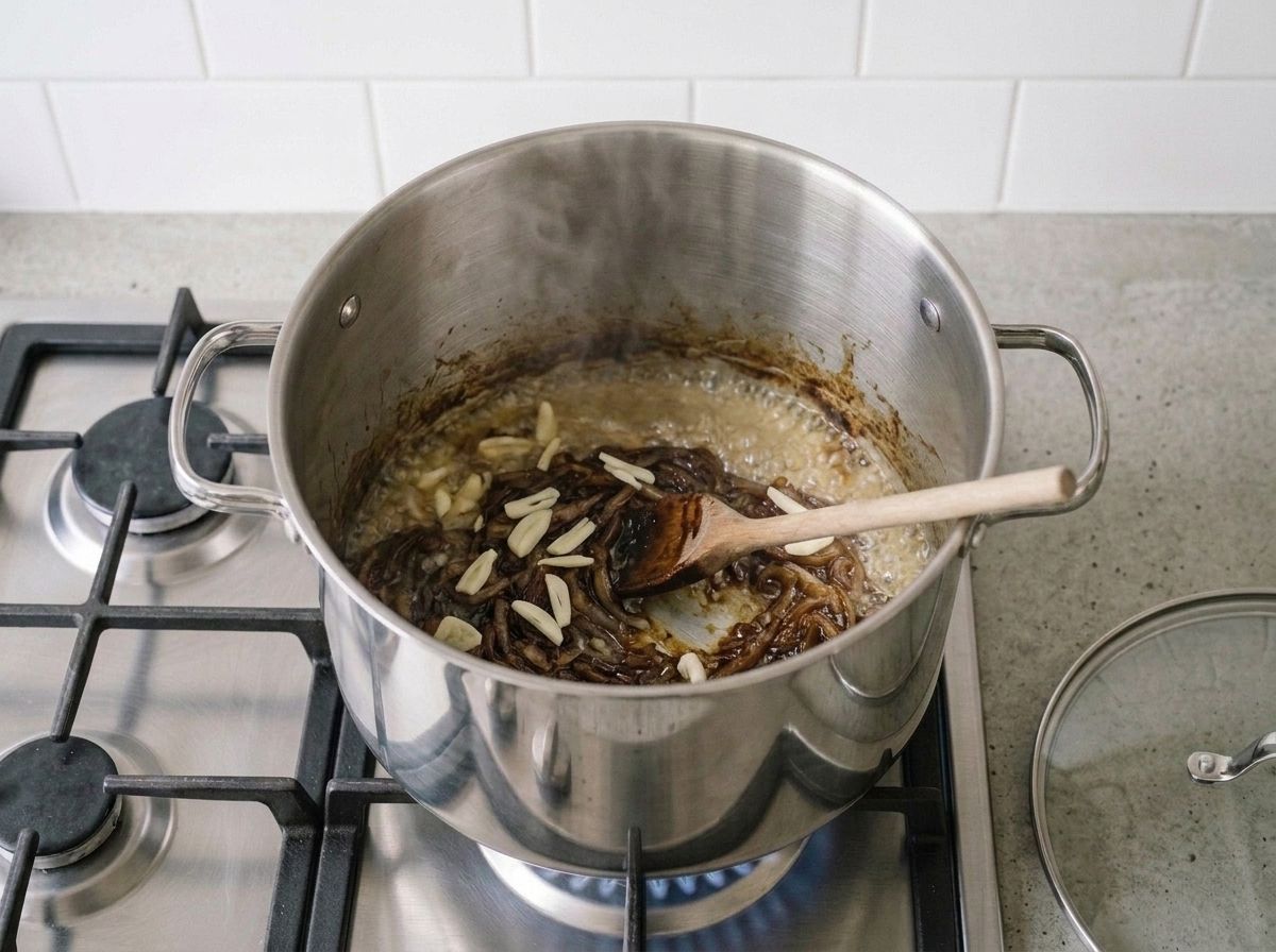 White wine bubbling down around the caramelized onions and sliced garlic to deglaze the pot