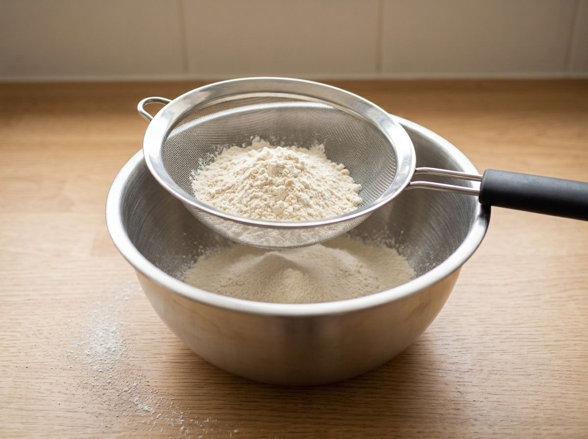 Milk powder, flour and baking soda being sifted through a fine mesh strainer into a steel mixing bowl