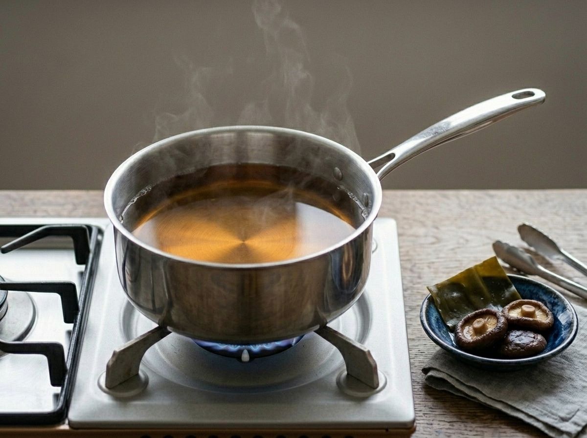 Amber dashi broth heating gently in a saucepan, the kombu and shiitake lifted out onto a dish beside it