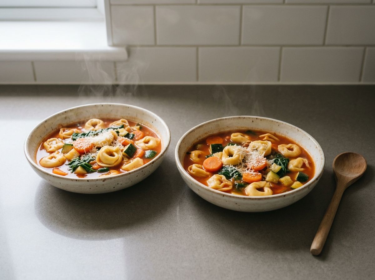 Two bowls of meatless tortellini soup topped with grated cheese