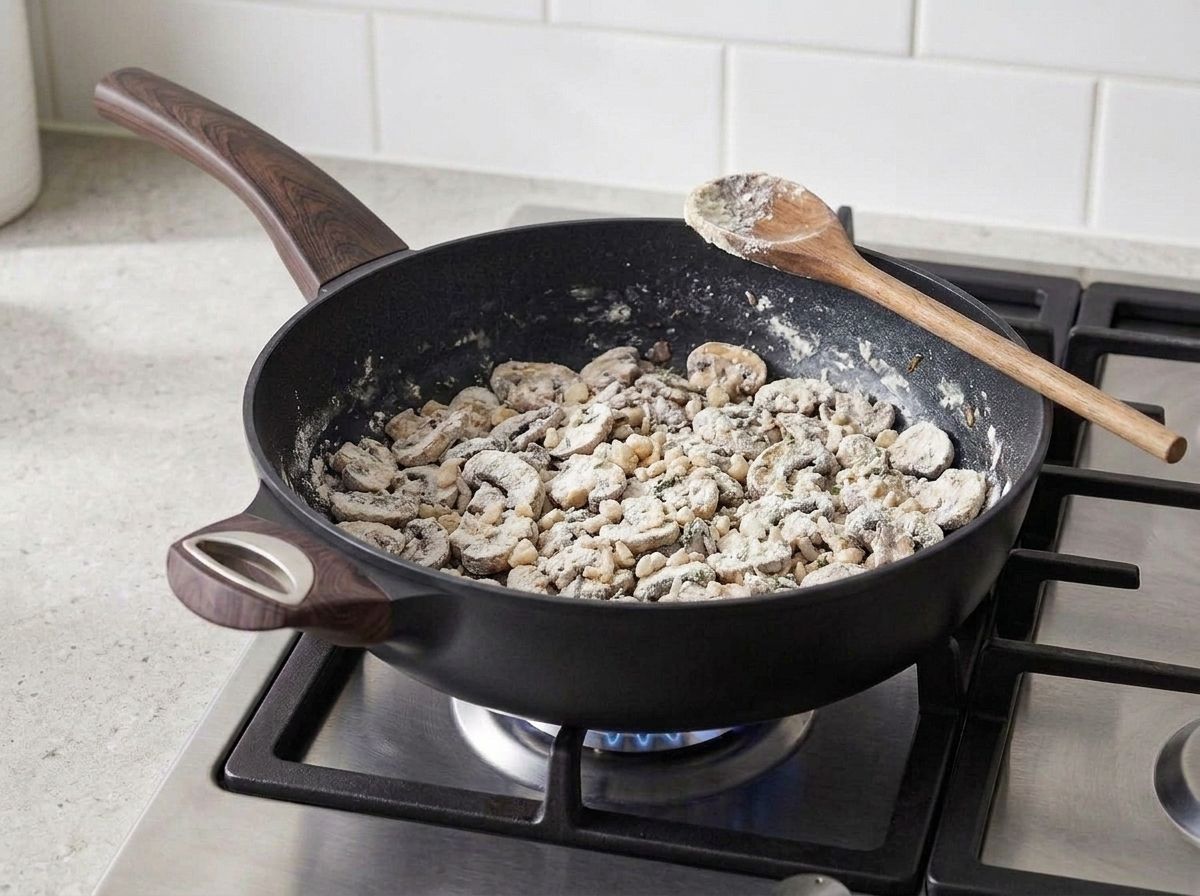 Flour stirred into the mushrooms and shallots to make a dry roux in the skillet.