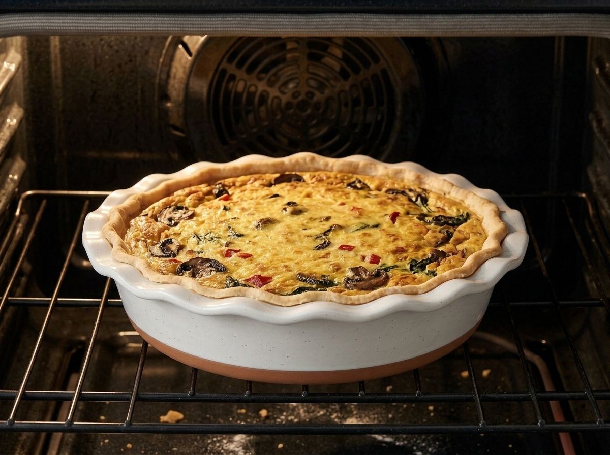 The baked quiche on an oven rack, its surface dull gold and set with the vegetables showing through.