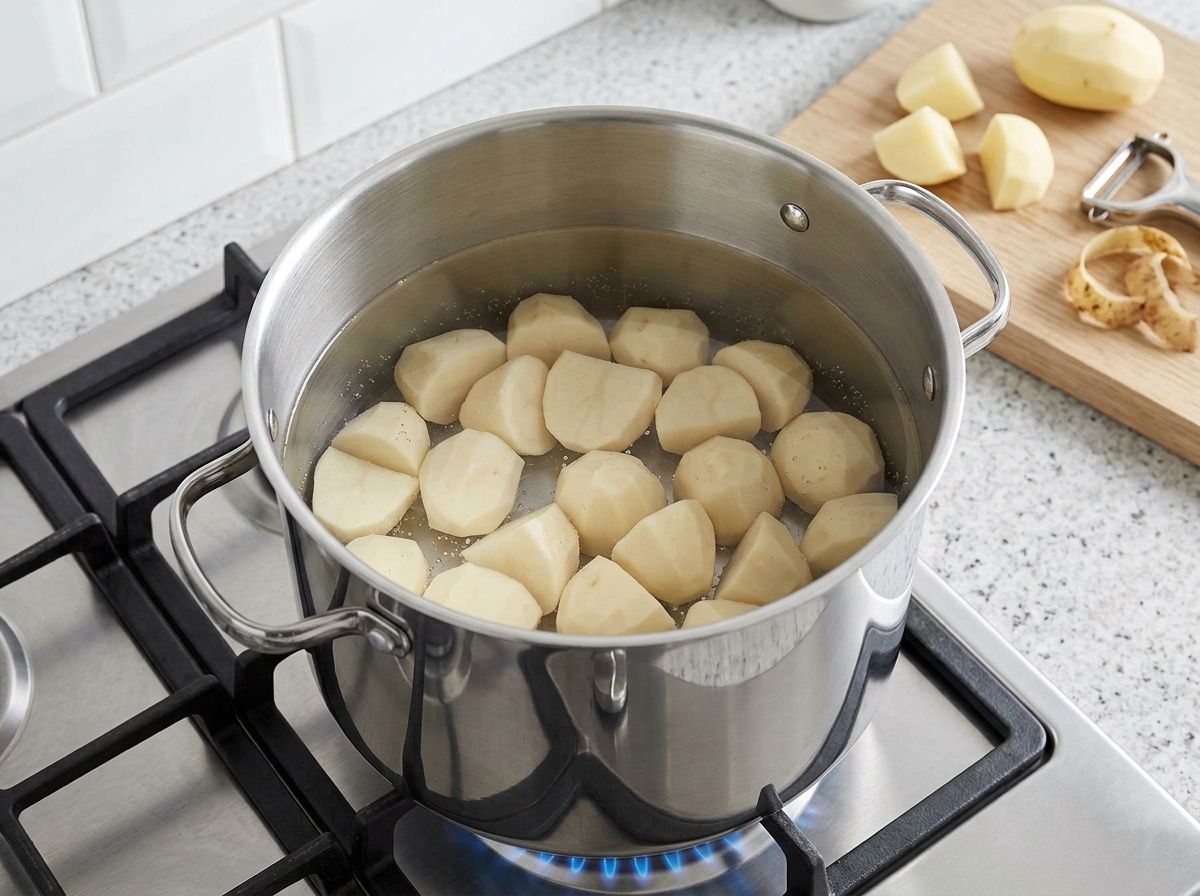 Peeled potato chunks simmering in a stainless steel pot of water, with more chunks and a peeler on the board alongside
