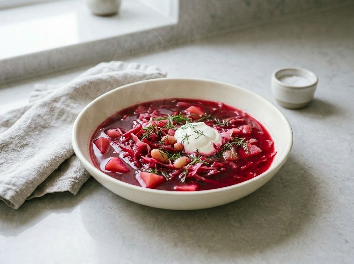 A bowl of finished borscht topped with a spoonful of sour cream and fresh dill