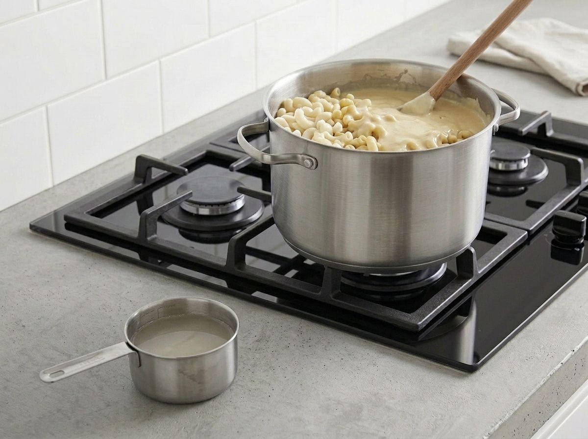 Pale beige cashew sauce half stirred through drained macaroni in a stockpot with the heat switched off