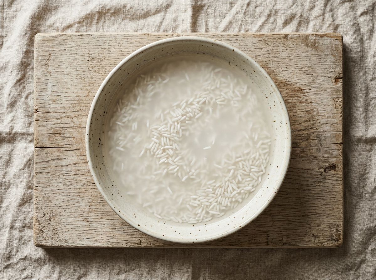 Raw glutinous rice being rinsed in a bowl, the water still cloudy with starch