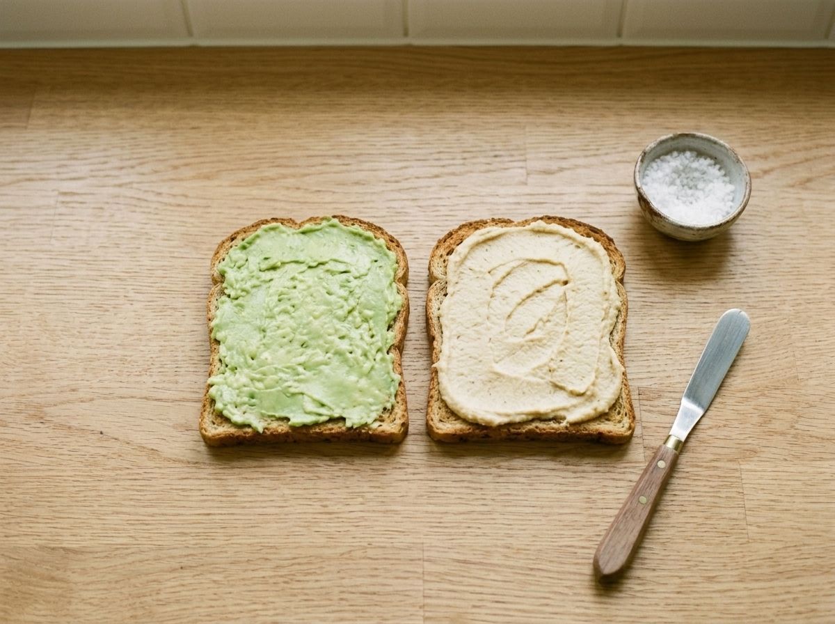 Two slices of toast spread edge to edge, one with mashed avocado and one with hummus