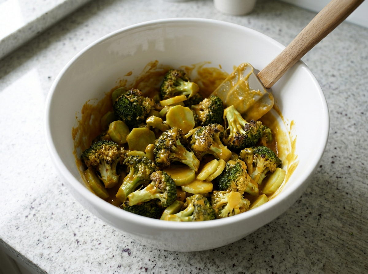 Roasted broccoli folded through the orange-gold sauce in a large white mixing bowl until every floret is coated.