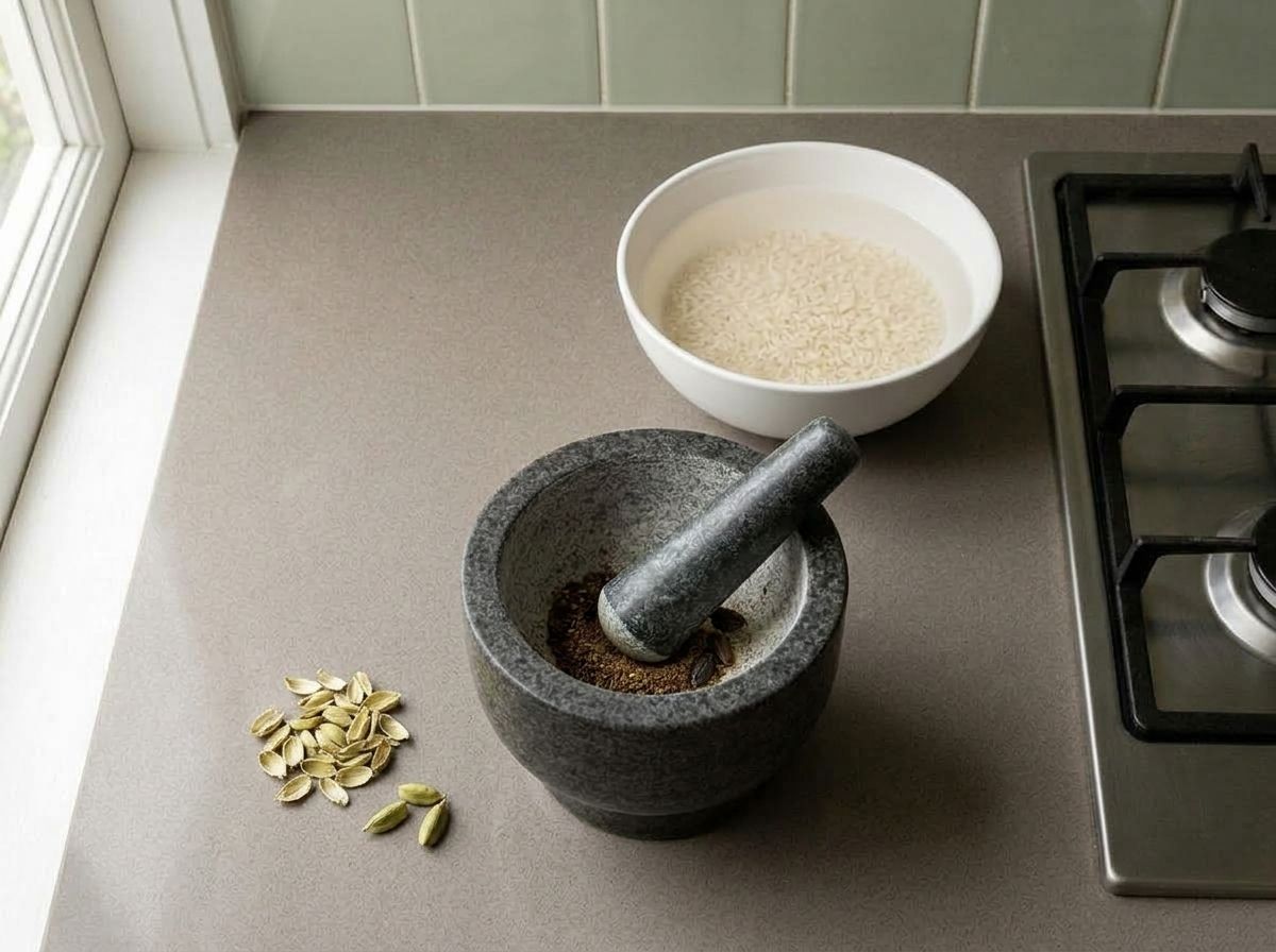 Cardamom seeds ground to a powder in a granite mortar, the split green husks set aside