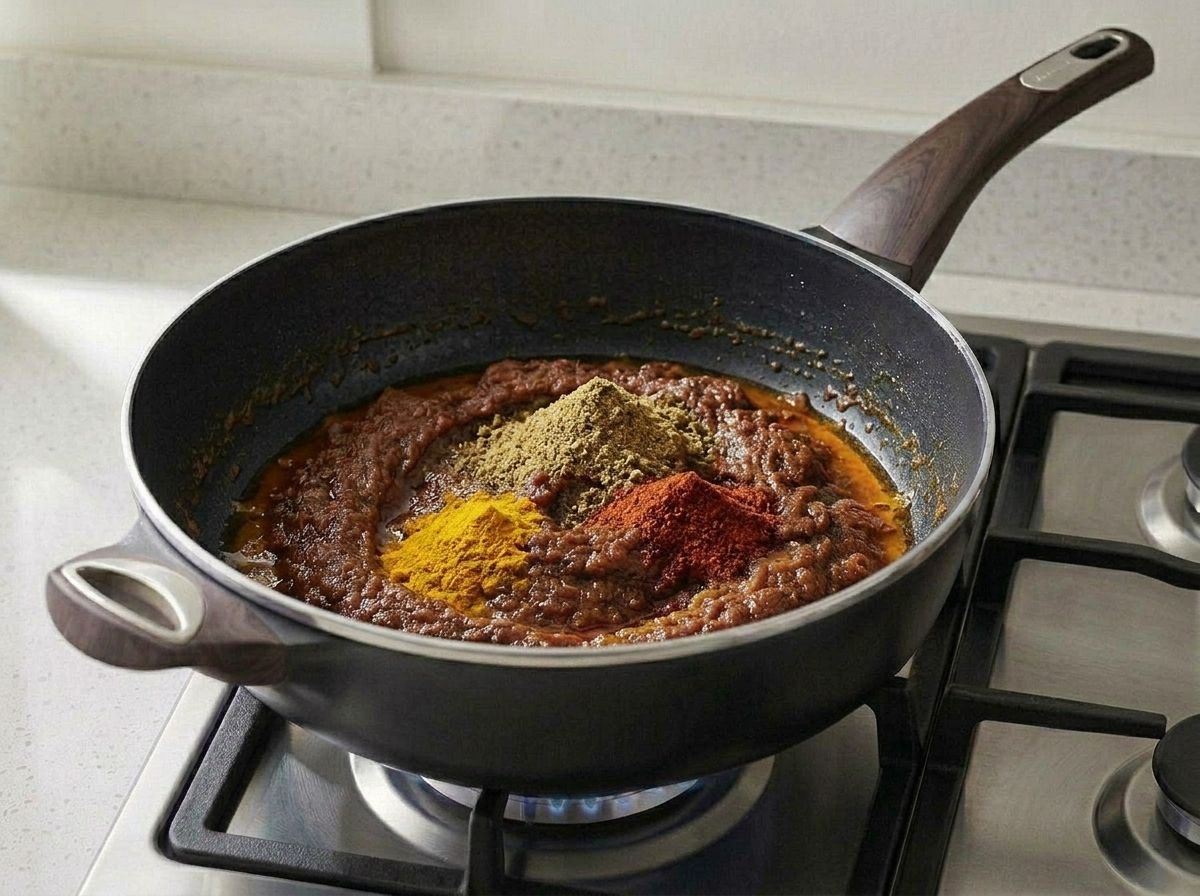 Mounds of turmeric, red chile powder and ground coriander tipped onto the masala before stirring in.