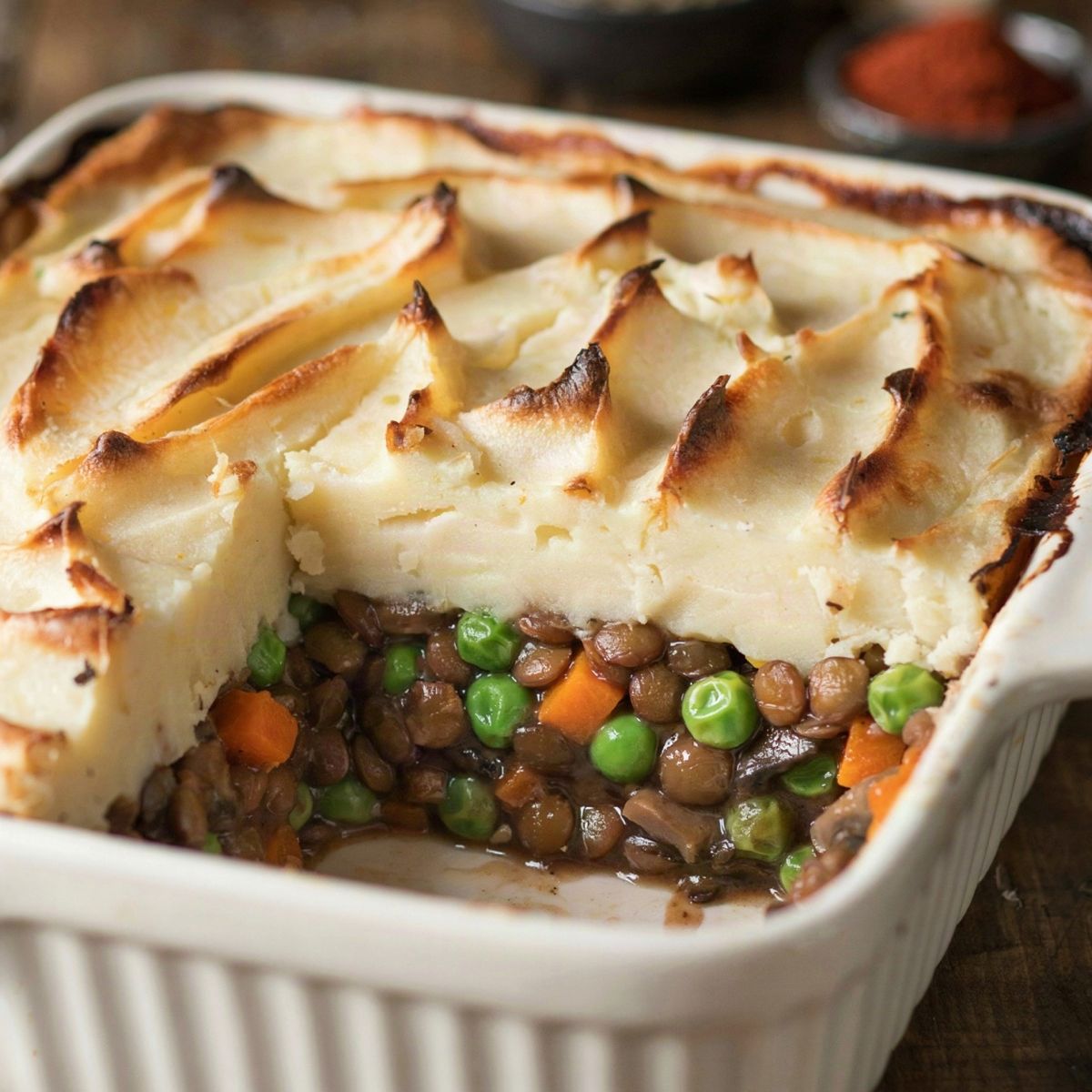 Lentil cottage pie in a white ceramic dish, a square portion lifted out to show brown lentils, mushrooms, peas and carrot in gravy under a golden forked mash lid