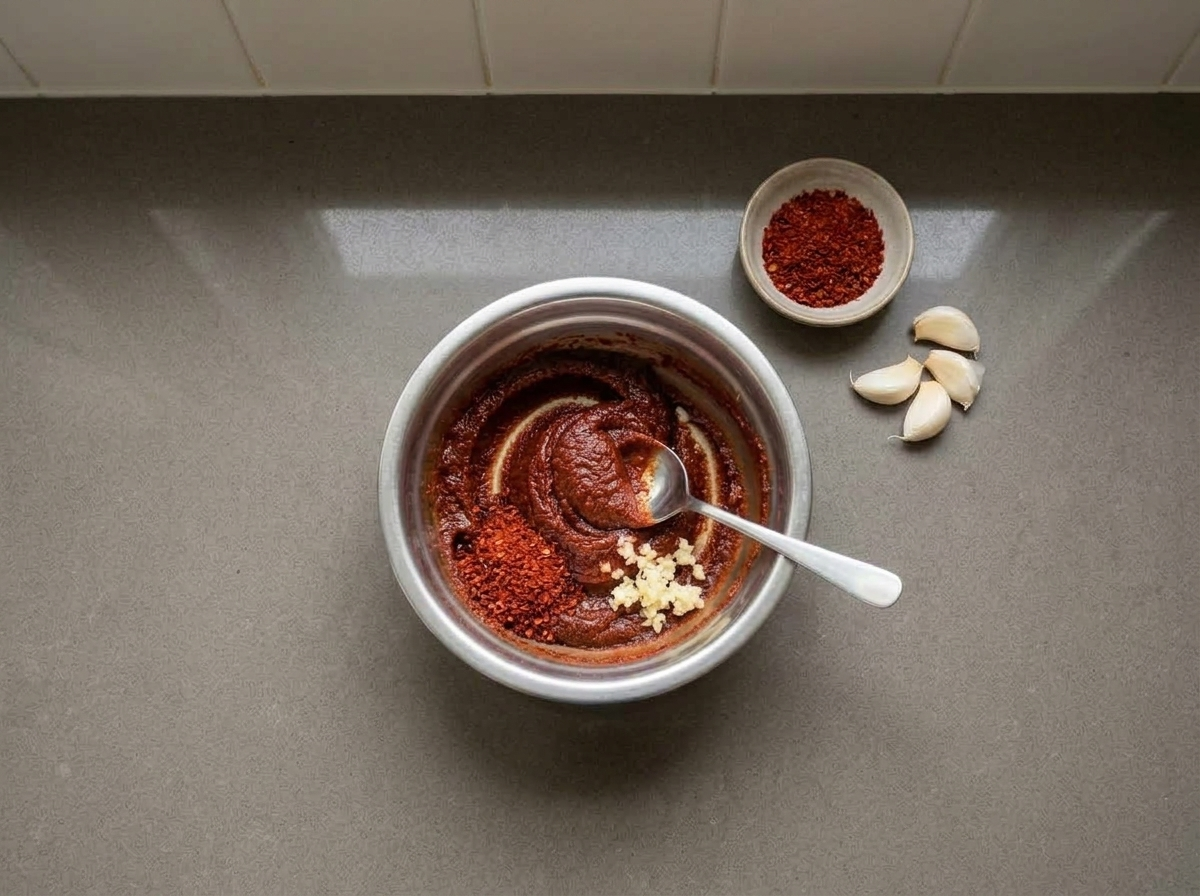 Gochujang, chili flakes, soy sauce, sugar and garlic stirred into a stiff dark red paste in a small bowl.