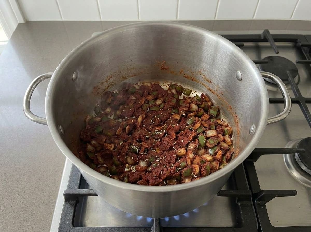 Chili powder, cumin and tomato paste stirred into the vegetables as a dry brick-red paste
