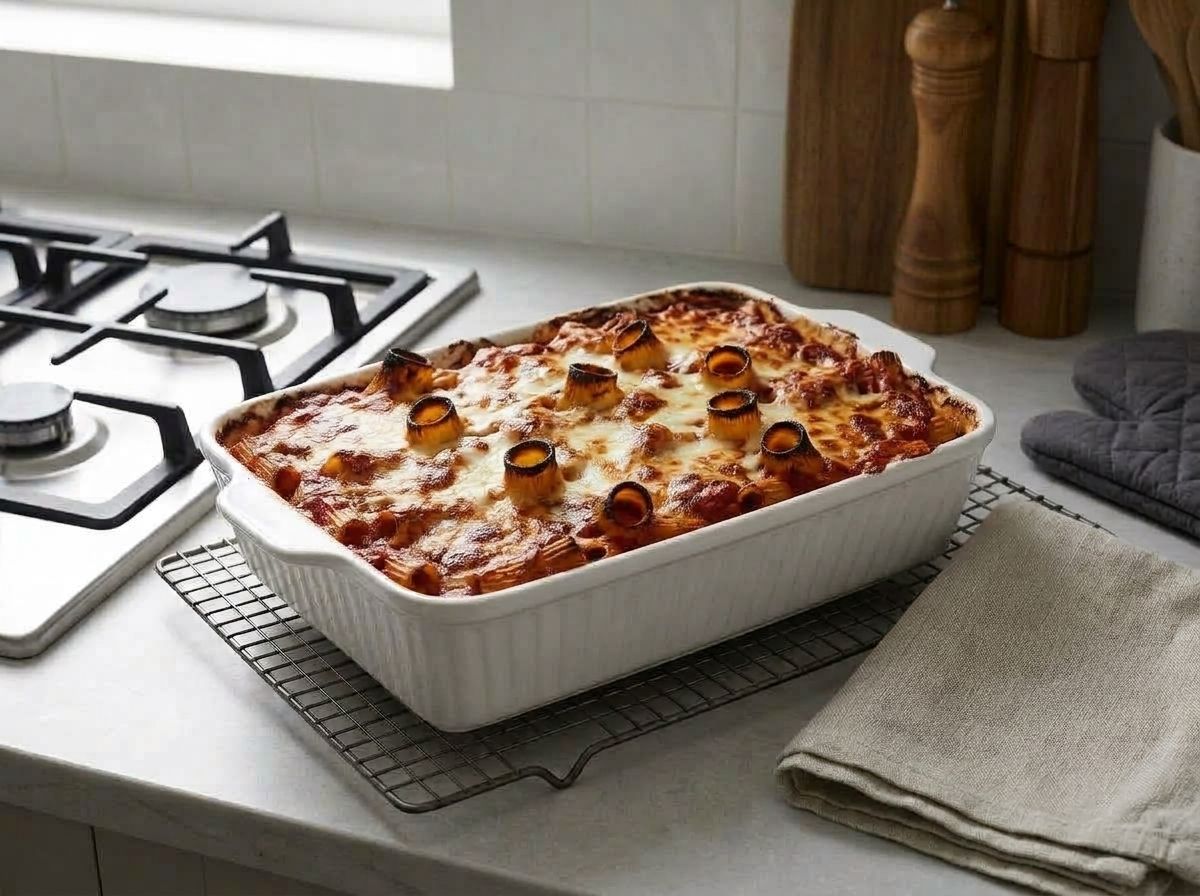 Baked rigatoni just out of the oven, the mozzarella browned in patches and the tube ends on top crisped