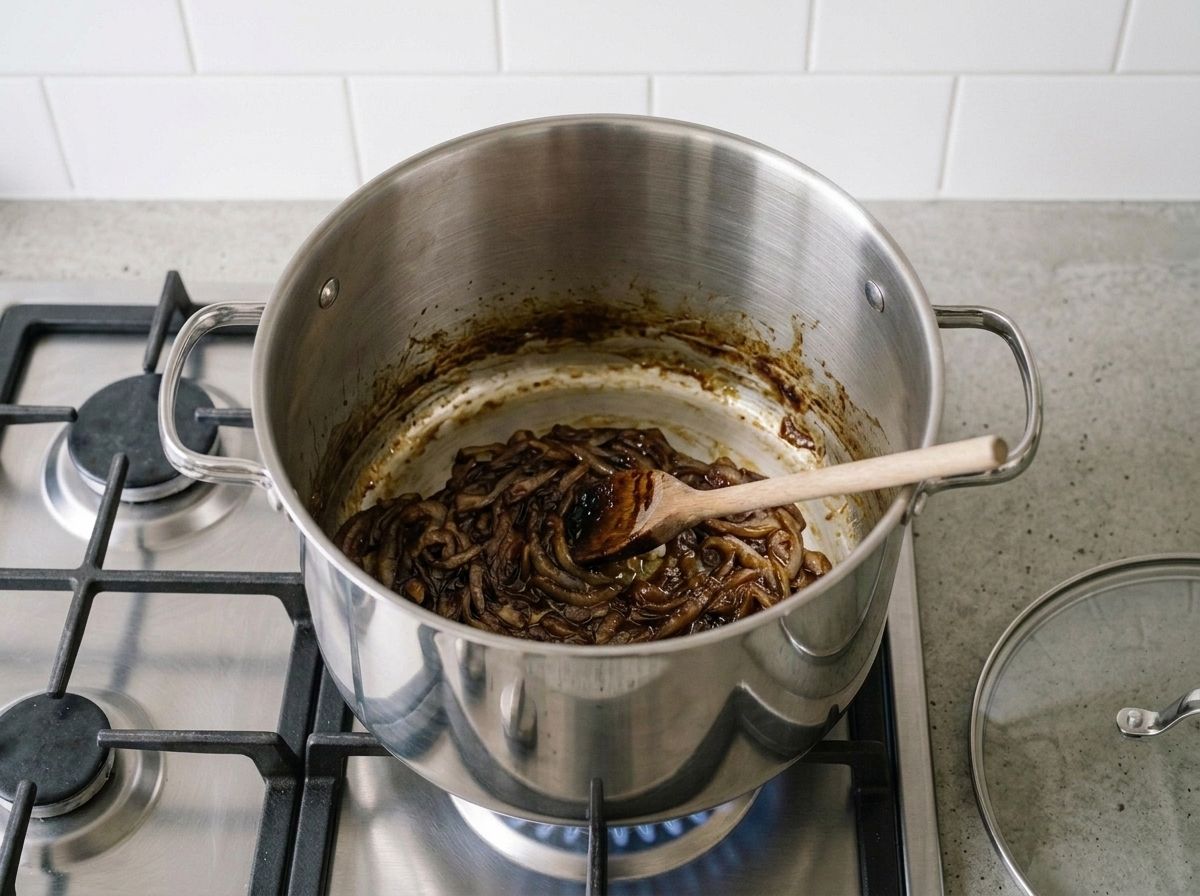 Onions cooked down to a shallow layer of dark mahogany caramelized strands in the pot
