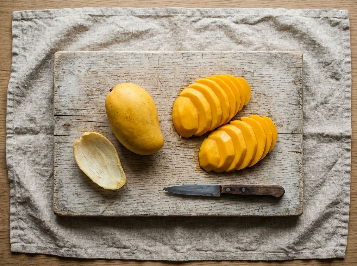 Ripe mango cheeks cut from the pit, peeled and sliced into thick fingers