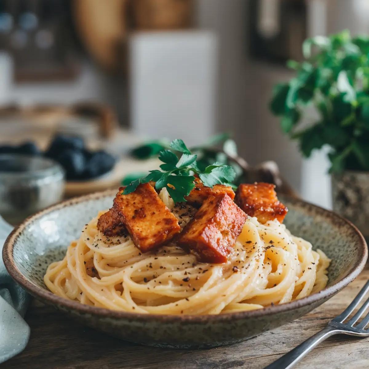 Creamy vegan carbonara with smoky tempeh, garnished with fresh parsley.