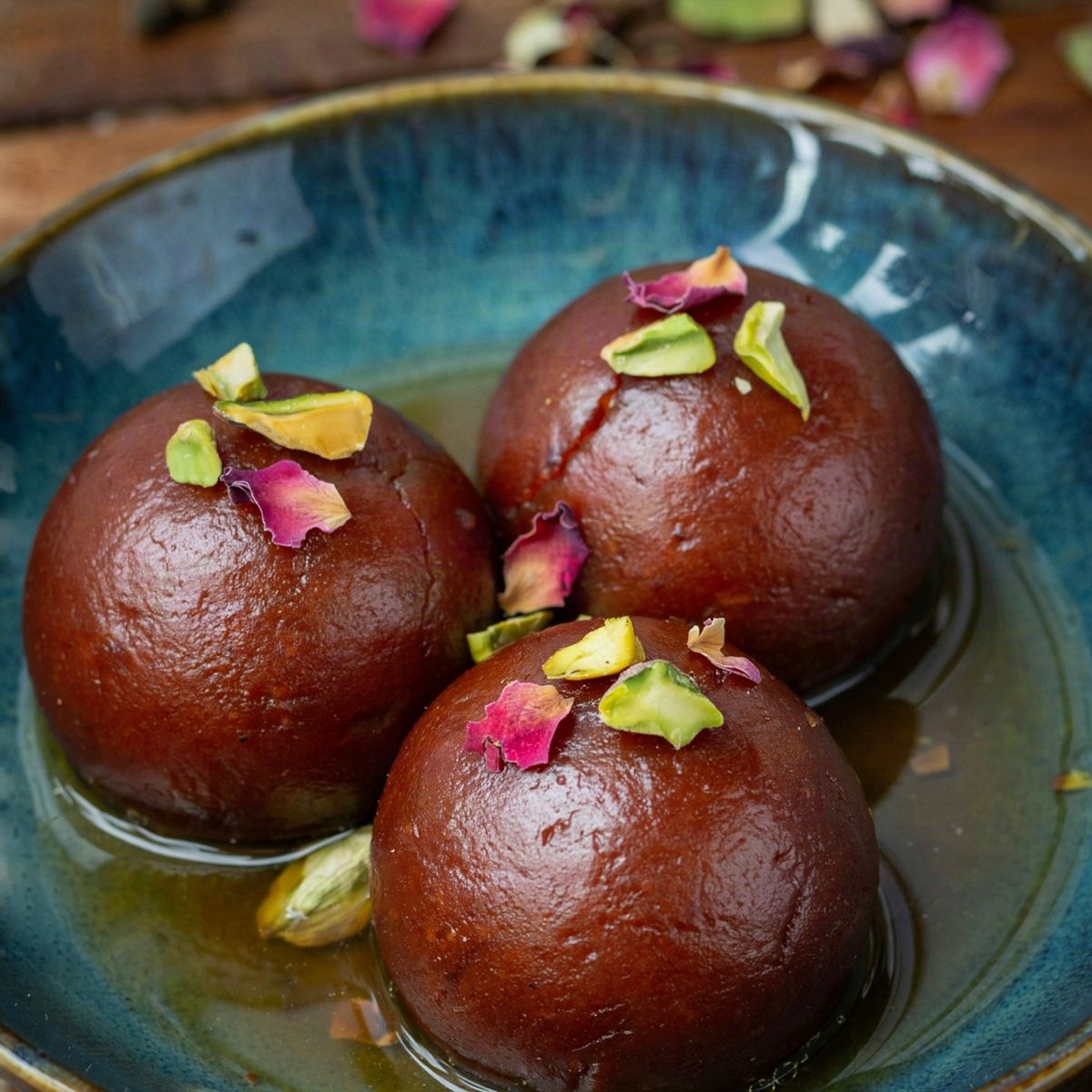 Three gulab jamun in a deep teal bowl, round reddish brown milk dumplings half submerged in thin golden cardamom and rose syrup, scattered with slivered pistachios and dried rose petals.