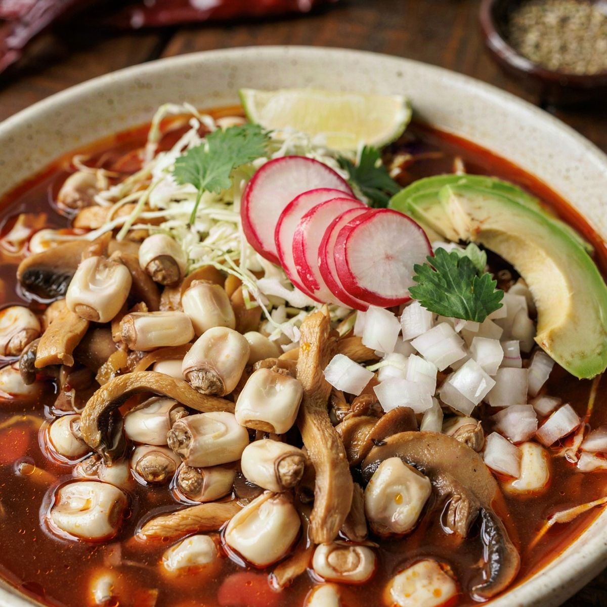 Vegan pozole rojo in a speckled stoneware bowl, hominy kernels and torn oyster mushrooms in a deep red chile broth, topped with shredded cabbage, radish, white onion, cilantro and avocado.