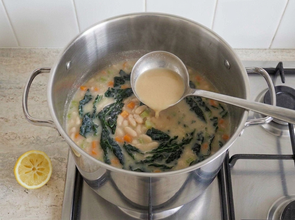 The pot off the heat with the burner dark, a ladle of white miso slaked smooth in hot soup pouring back in, a squeezed lemon half on the worktop.