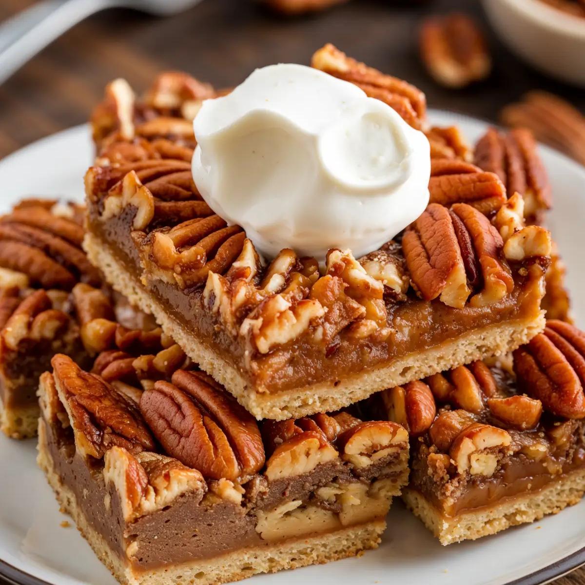 Caramelized pecan pie bars with a buttery, chewy texture.