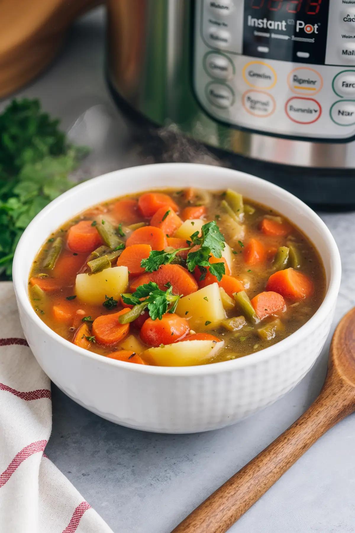 A bowl of hearty vegetable soup with carrots, potatoes, and green beans, garnished with parsley, on a kitchen table.