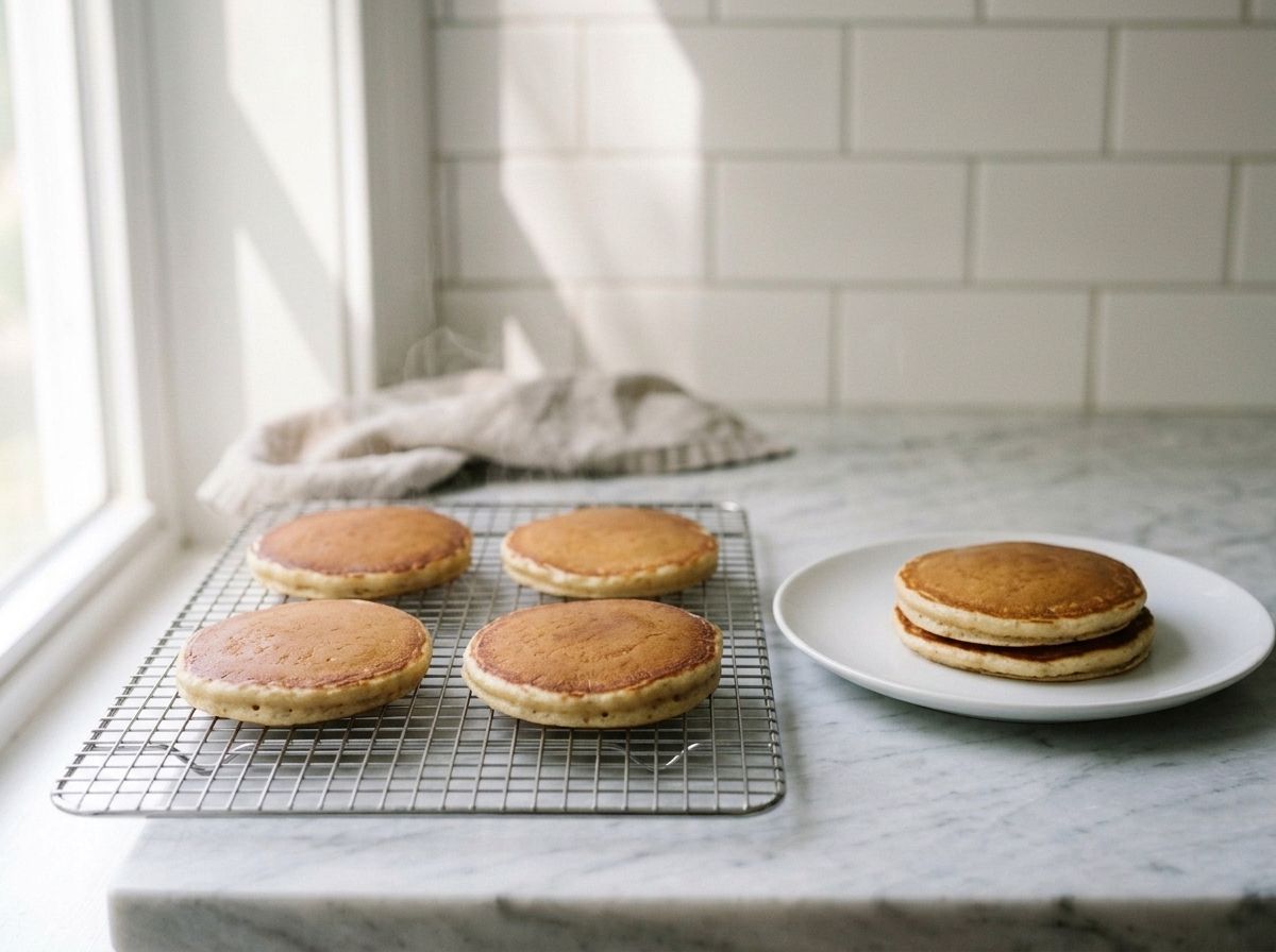 Cooked vegan pancakes cooling in a single layer on a wire rack, with a short stack on a plate