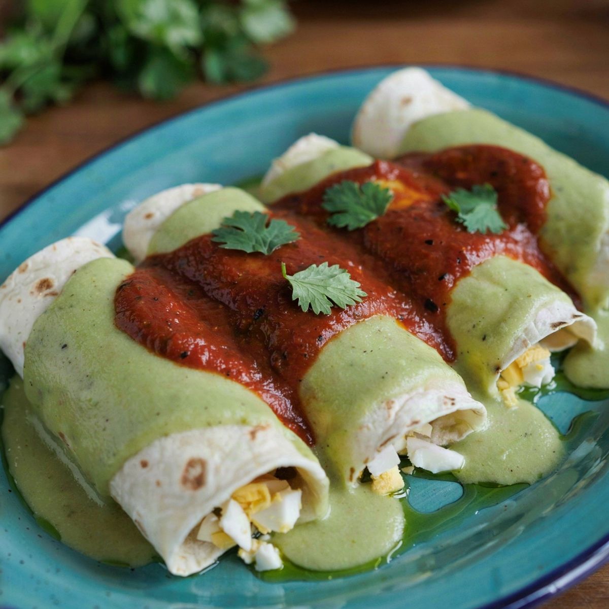 Three papadzules on a turquoise plate, corn tortillas rolled around chopped egg under a pale green pumpkin seed sauce with brick red chiltomate and cilantro.