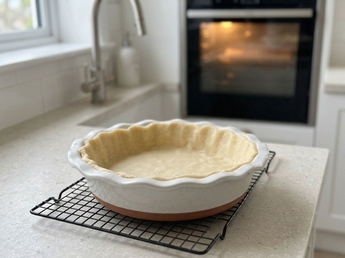 The raw pastry shell resting on the counter while the oven preheats behind it