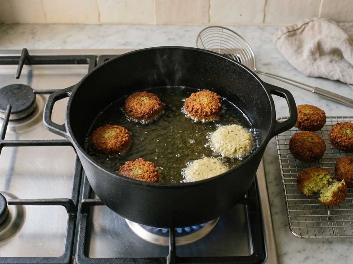 Falafel frying in shallow oil in a cast iron pot on the hob, fried ones draining on a wire rack