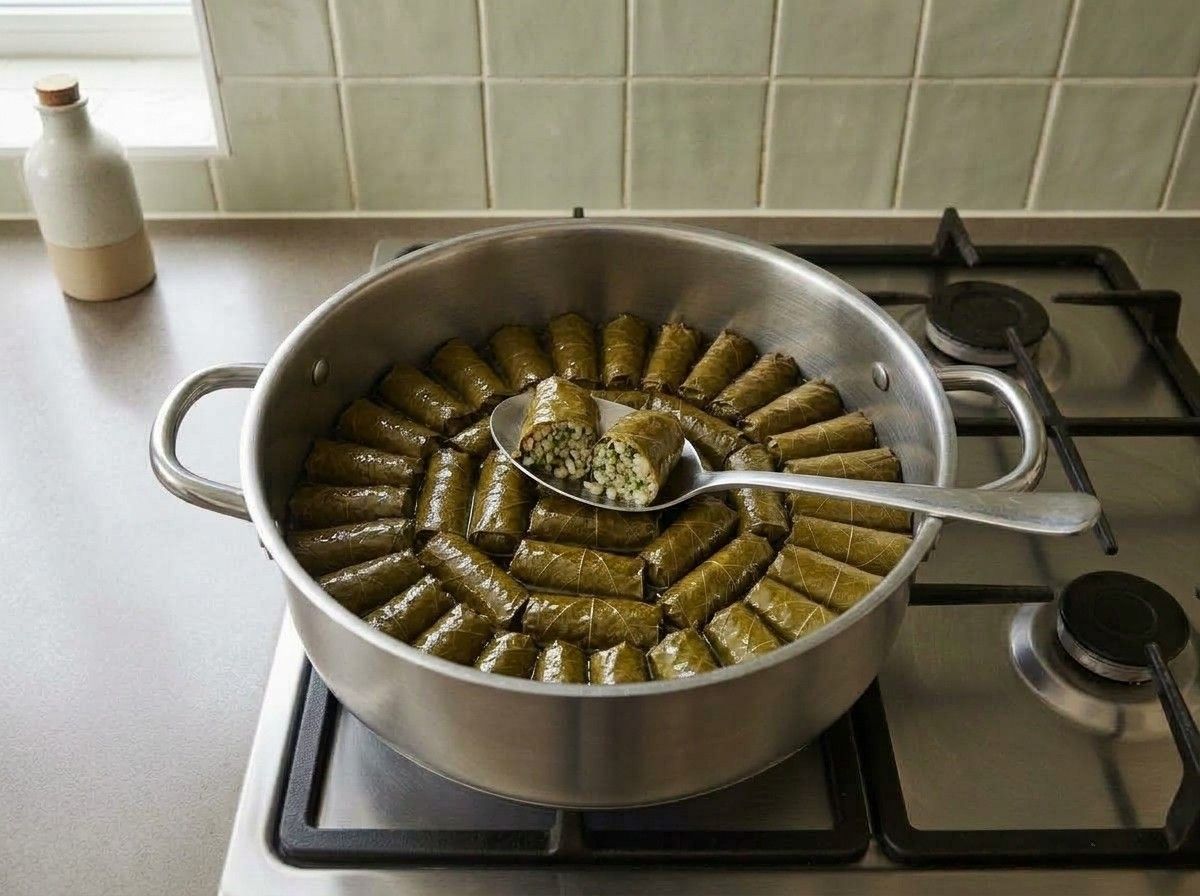 Cooked dolmades in the pot, one cut open on a spoon to show the tender rice and herb filling