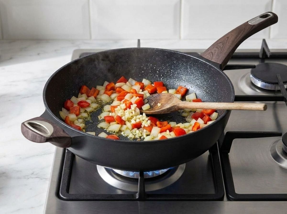 Minced garlic stirred into the softened onion and pepper, cooking for about thirty seconds