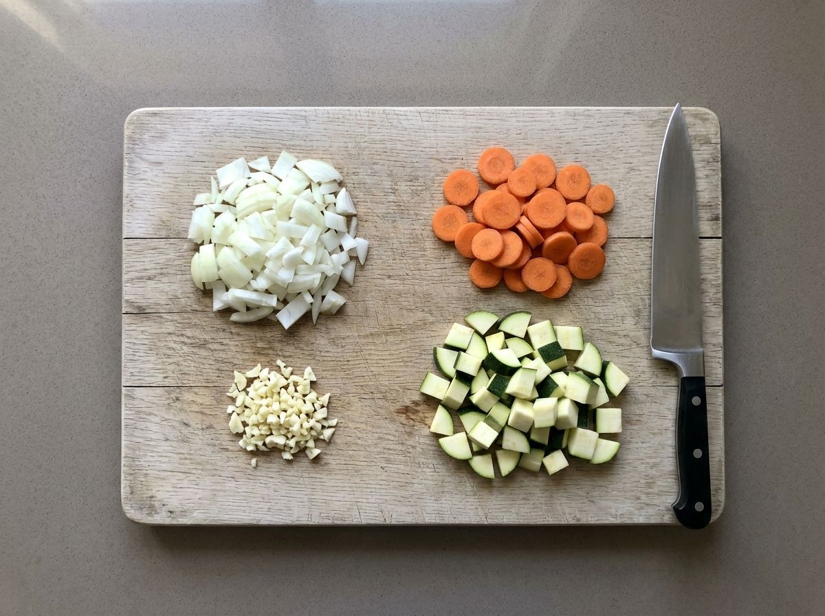 Chopped onion, minced garlic, thin carrot coins and diced zucchini in separate piles on a wooden board
