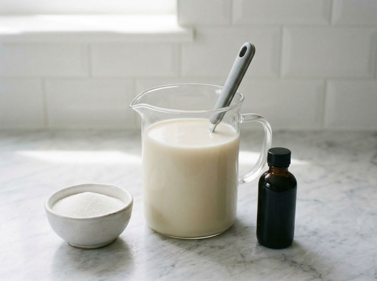 Sugar and vanilla stirred into the strained horchata in a glass pitcher