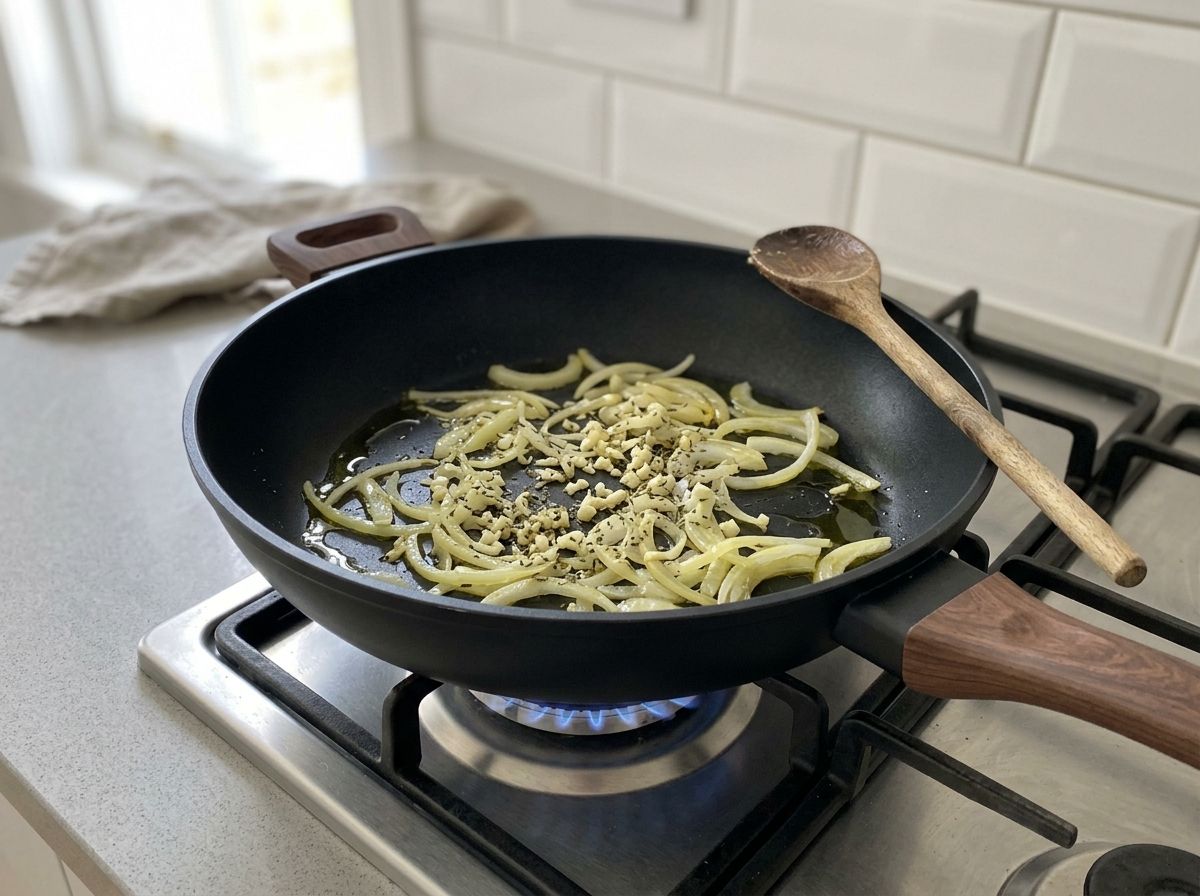 Sliced onion softened and translucent in olive oil in a black skillet, with minced garlic and dried herbs just scattered over it