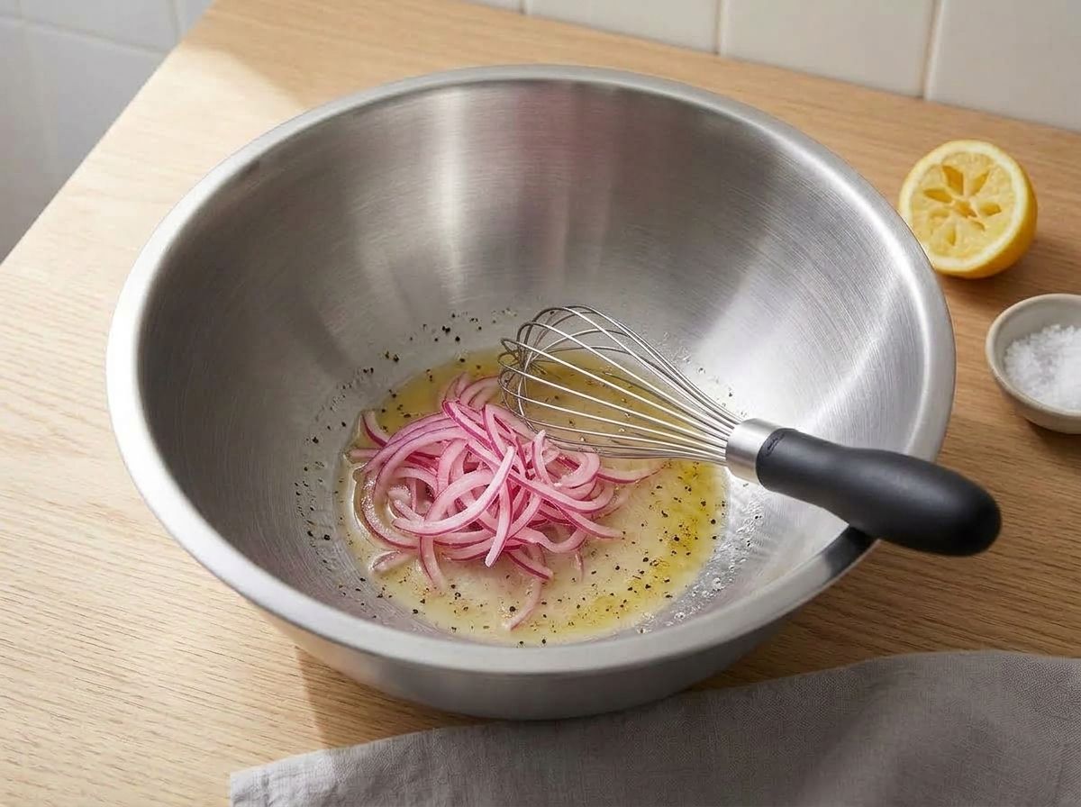 Olive oil and black pepper whisked into the lemon and macerated onion until the dressing turns cloudy