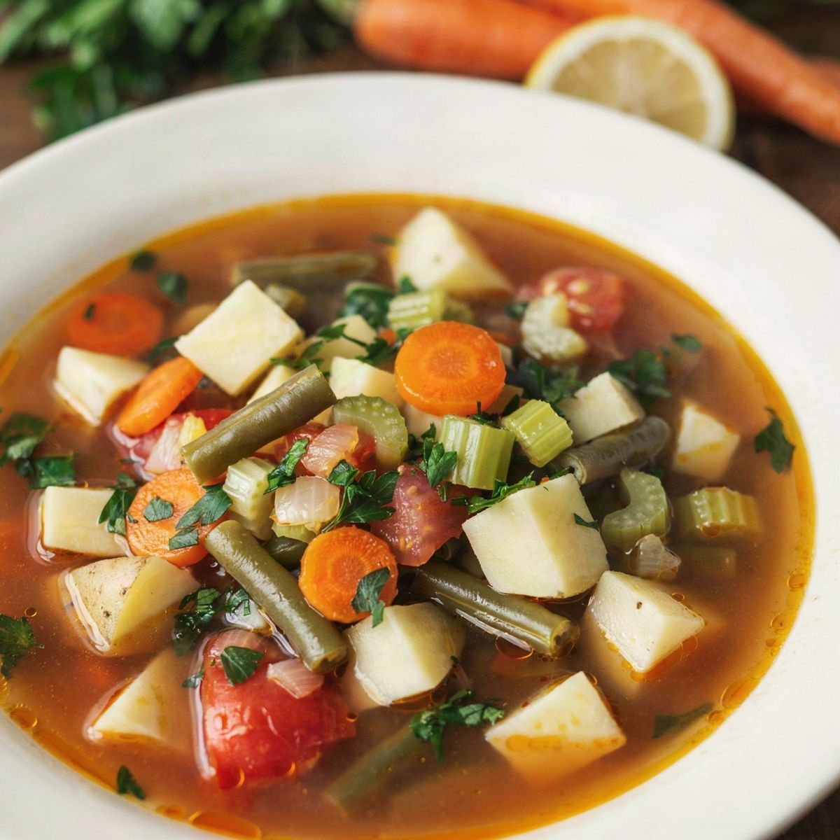 A white bowl of Instant Pot vegetable soup in a red-orange broth, with cubes of potato, carrot coins, sliced celery, green beans and soft tomato, scattered with fresh parsley.