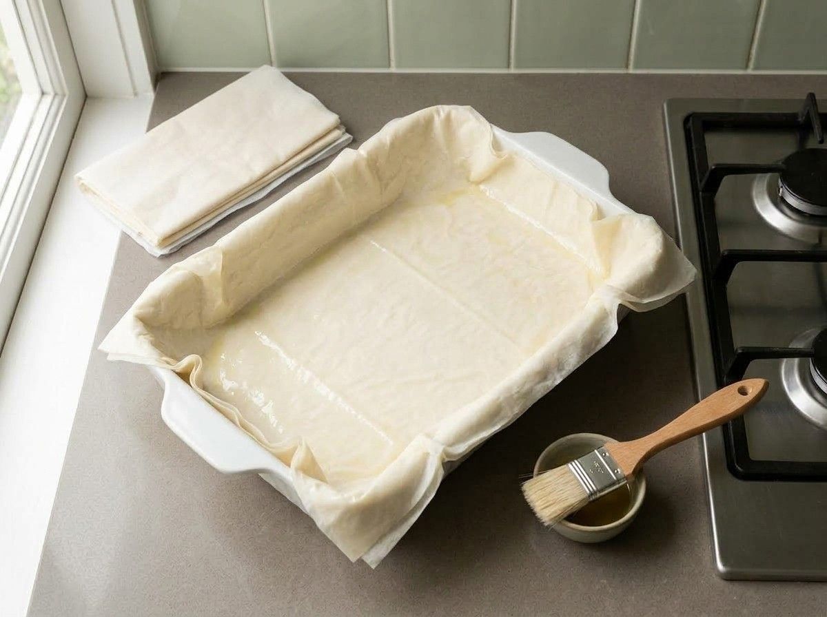 Oiled sheets of phyllo lining the baking dish with the excess hanging over the sides