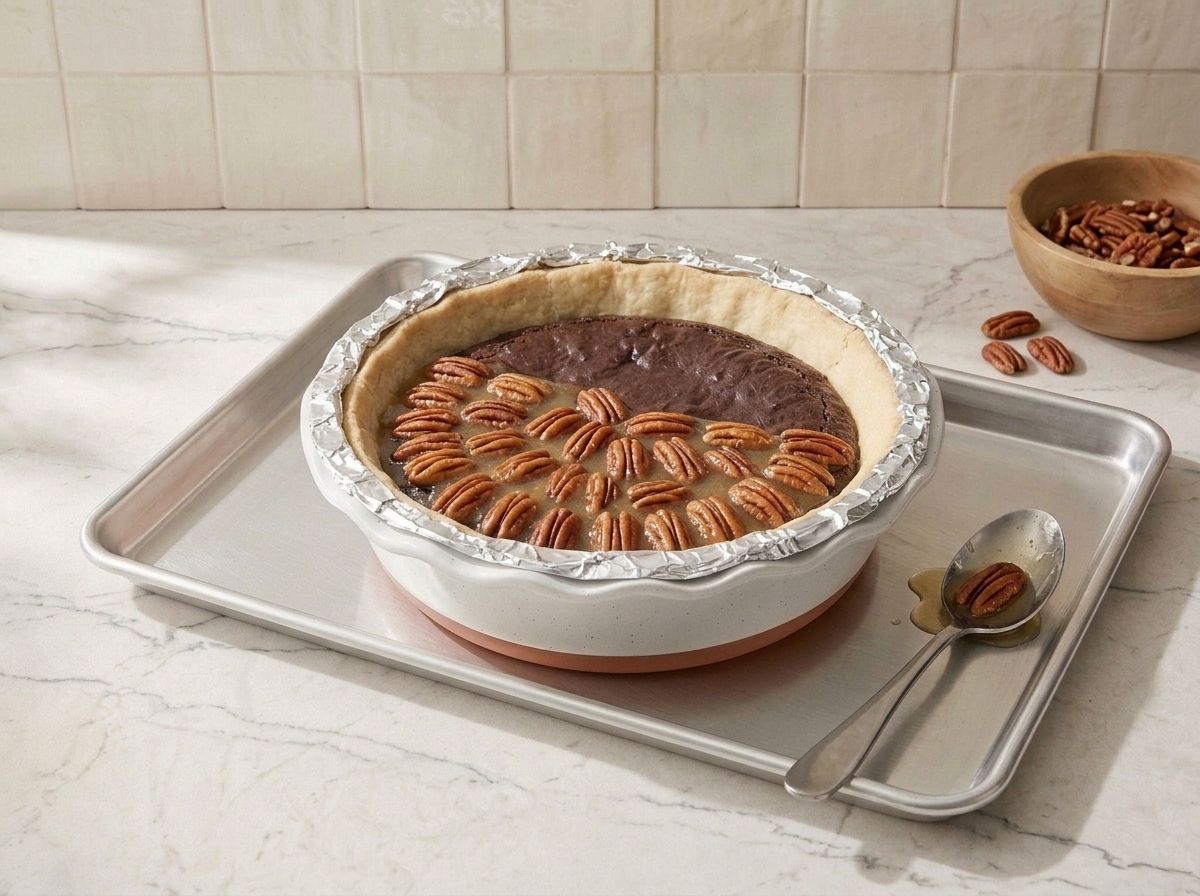 Pecan filling being spooned over the hot brownie layer, a foil collar covering the crust rim