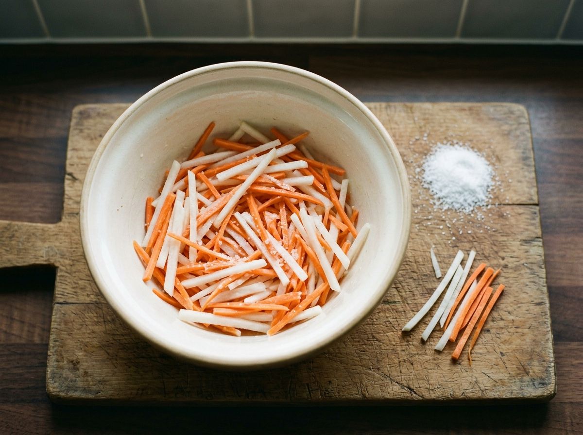 Daikon and carrot matchsticks tossed with salt in a ceramic bowl, starting to soften before pickling.