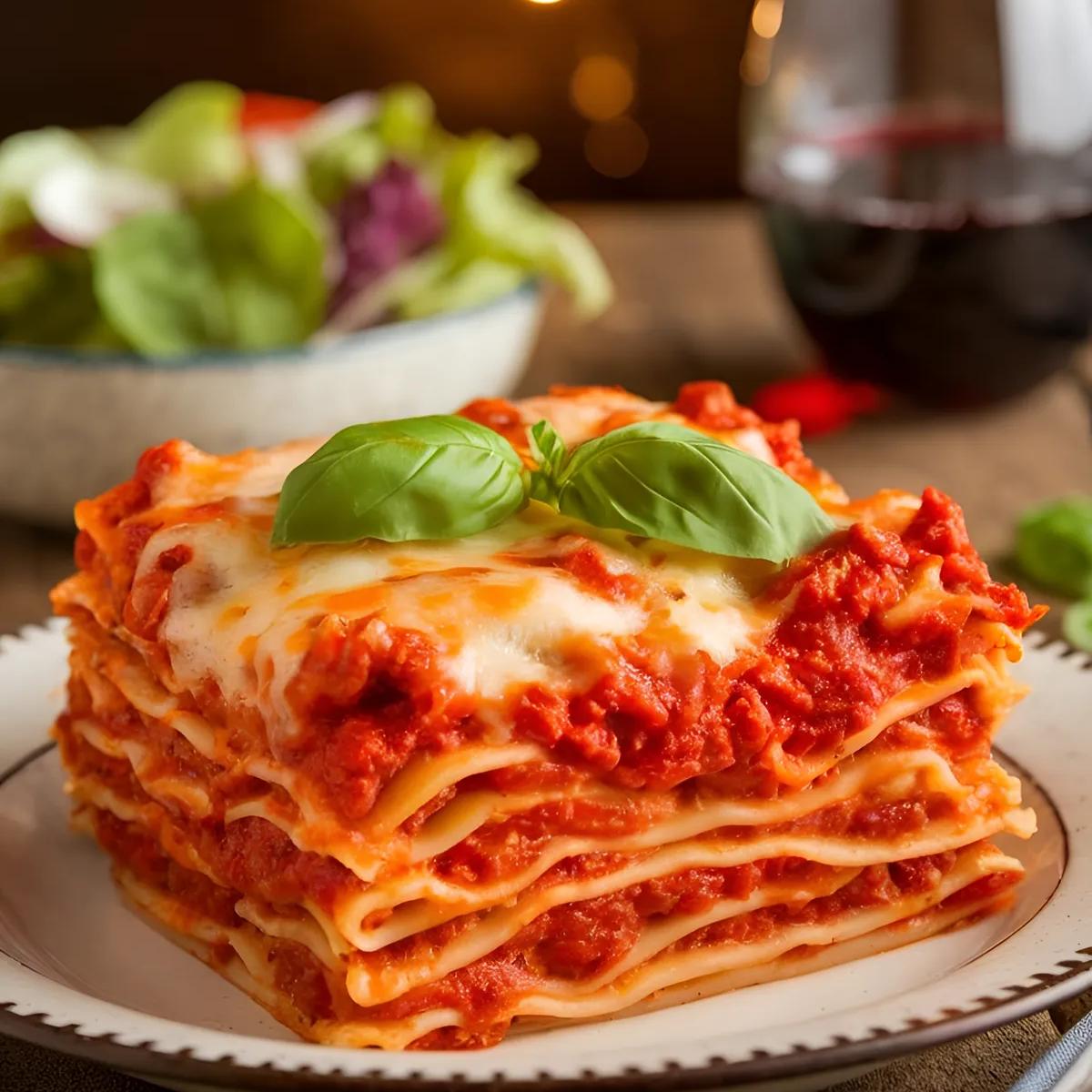 A serving of vegetarian baked ziti with marinara sauce and melted cheese, garnished with basil, on a rustic table.