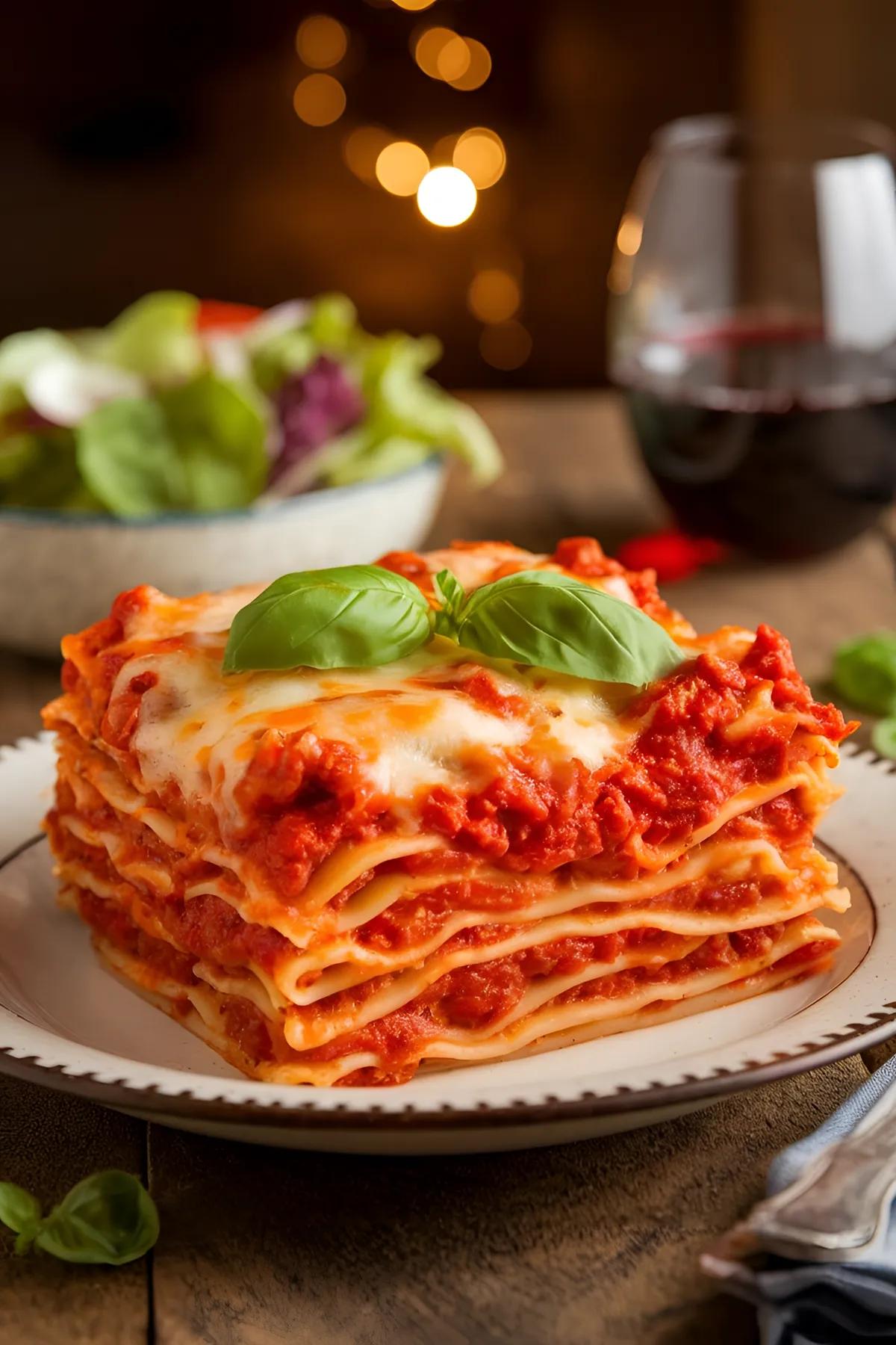 A serving of vegetarian baked ziti with marinara sauce and melted cheese, garnished with basil, on a rustic table.