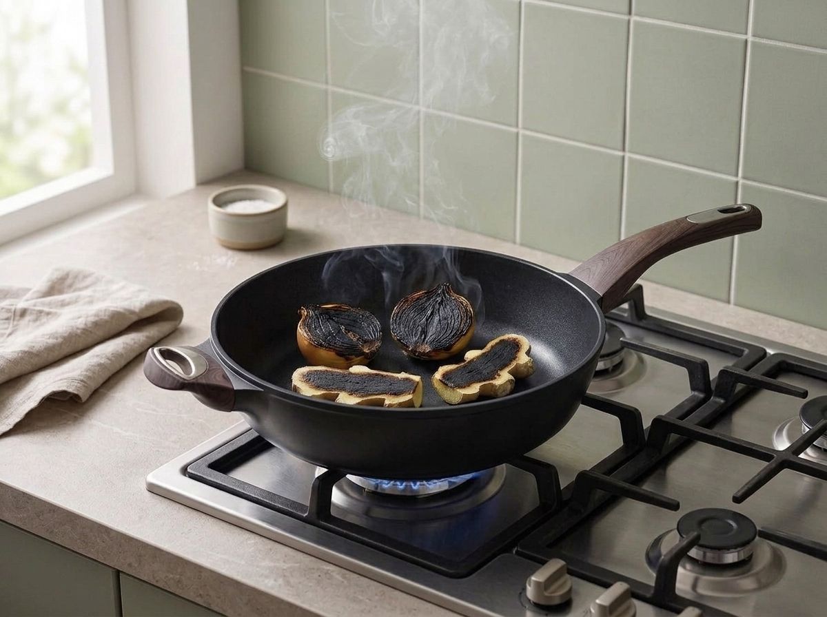Onion halves and split ginger charring cut side down in a dry black skillet on a gas burner, the cut faces blackened