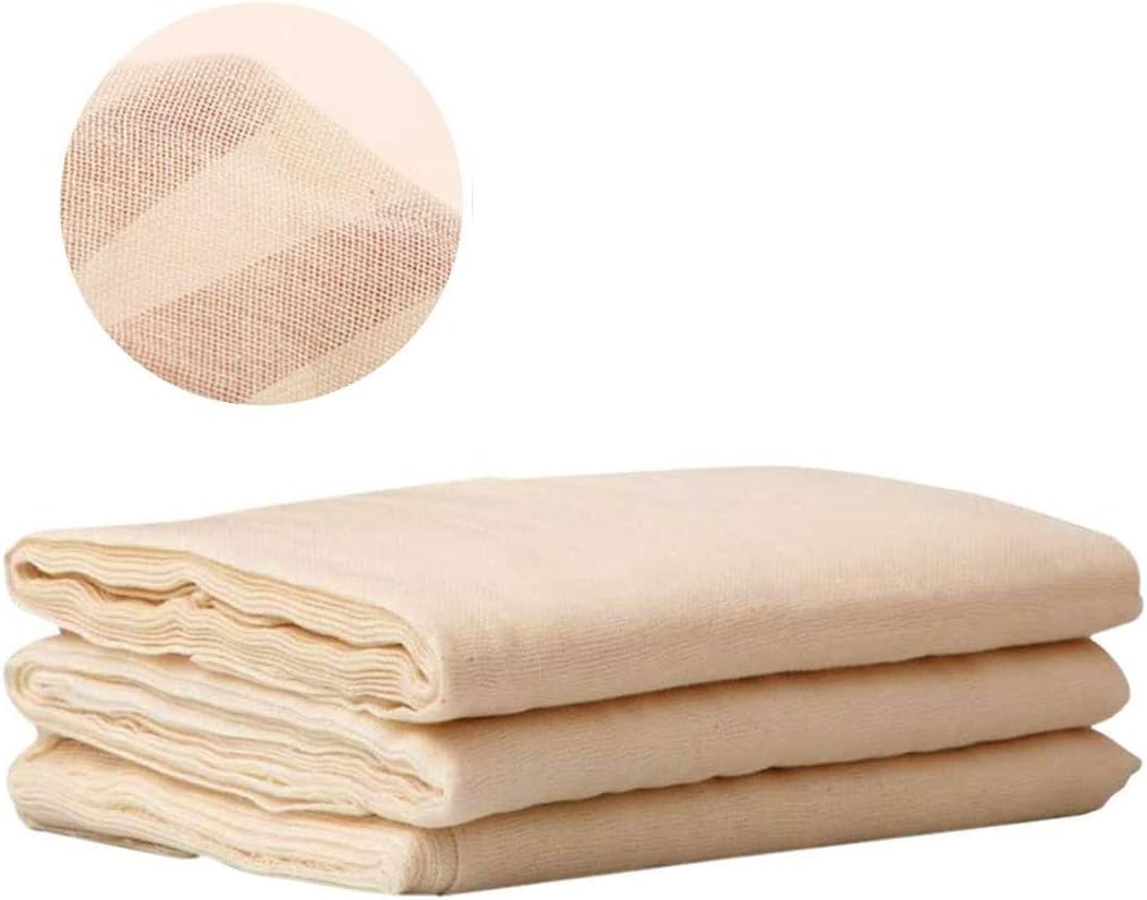 Three folded pieces of unbleached cream cotton cheesecloth stacked, with an inset close-up of the grade 90 weave