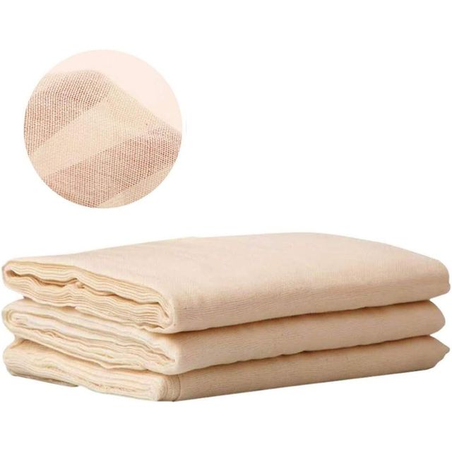 Three folded pieces of unbleached cream cotton cheesecloth stacked, with an inset close-up of the grade 90 weave