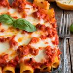 A baked rigatoni dish topped with melted cheese and basil, served on a wooden table with garlic bread.